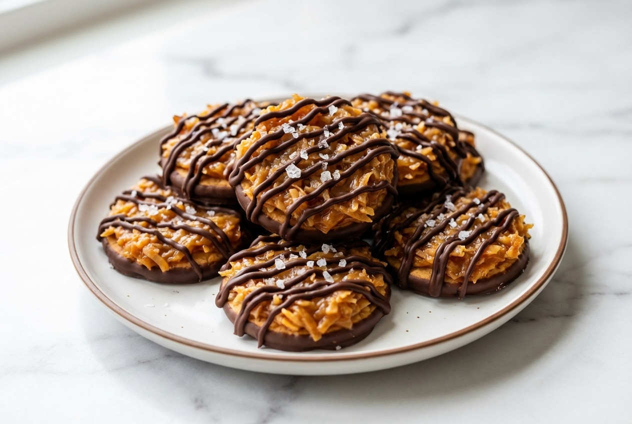 No Bake Samoa Cookies featuring toasted coconut and a savory brown butter sea salt glaze.