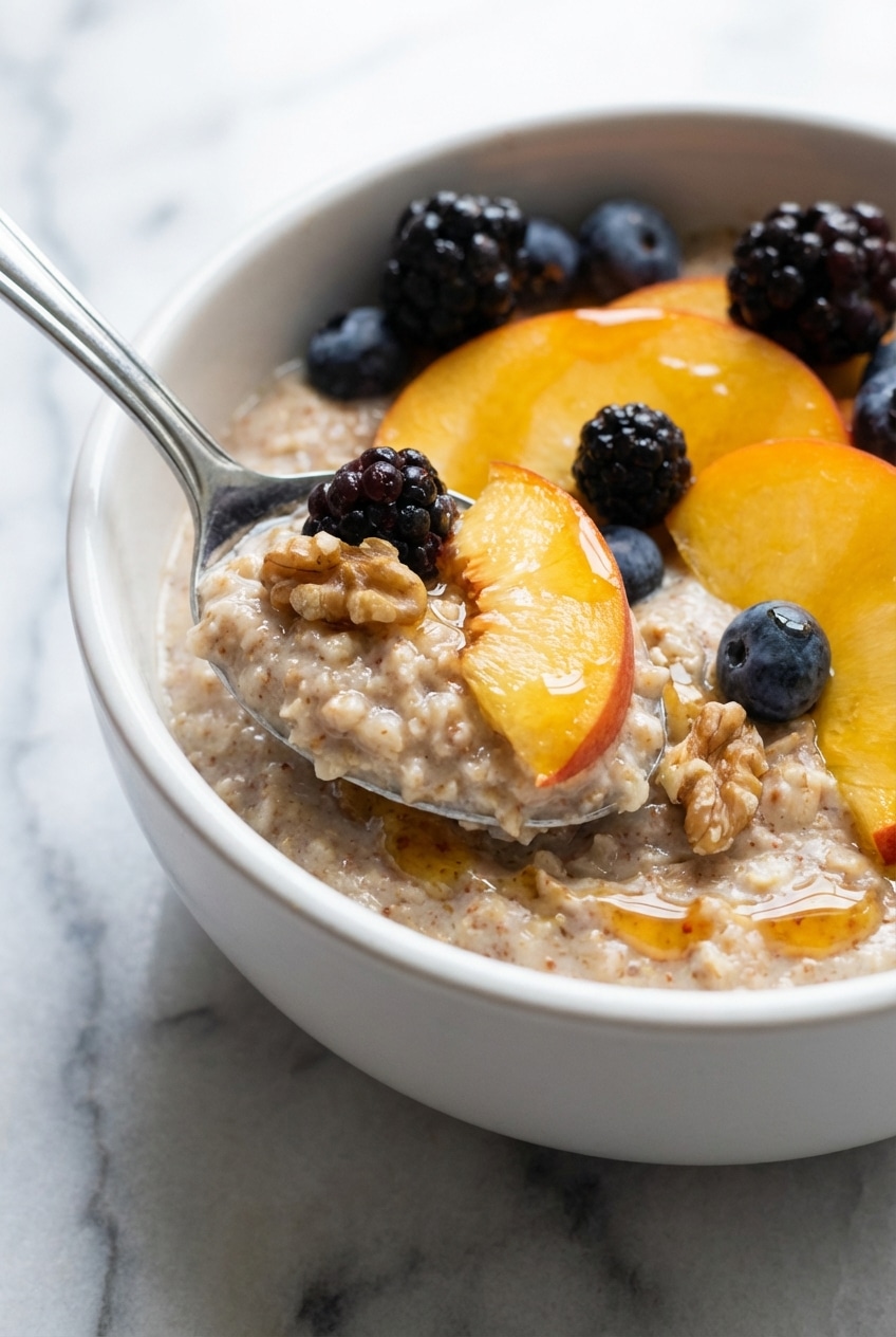 A steaming, fruit-topped Daniel Fast Breakfast served in a ceramic bowl for a peaceful morning meal.