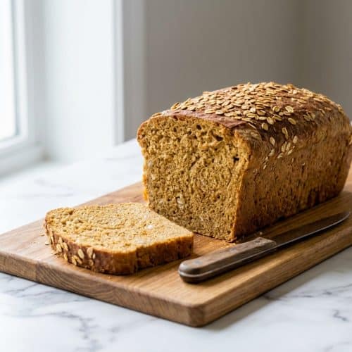 Golden oatmeal bread loaf with a double-toasted oat infusion crust on a rustic cutting board.