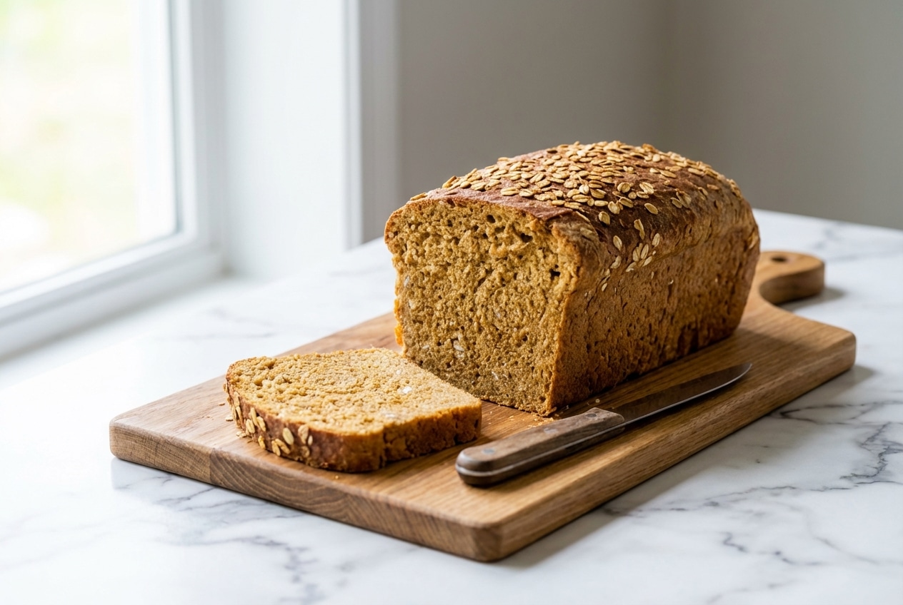 Golden oatmeal bread loaf with a double-toasted oat infusion crust on a rustic cutting board.