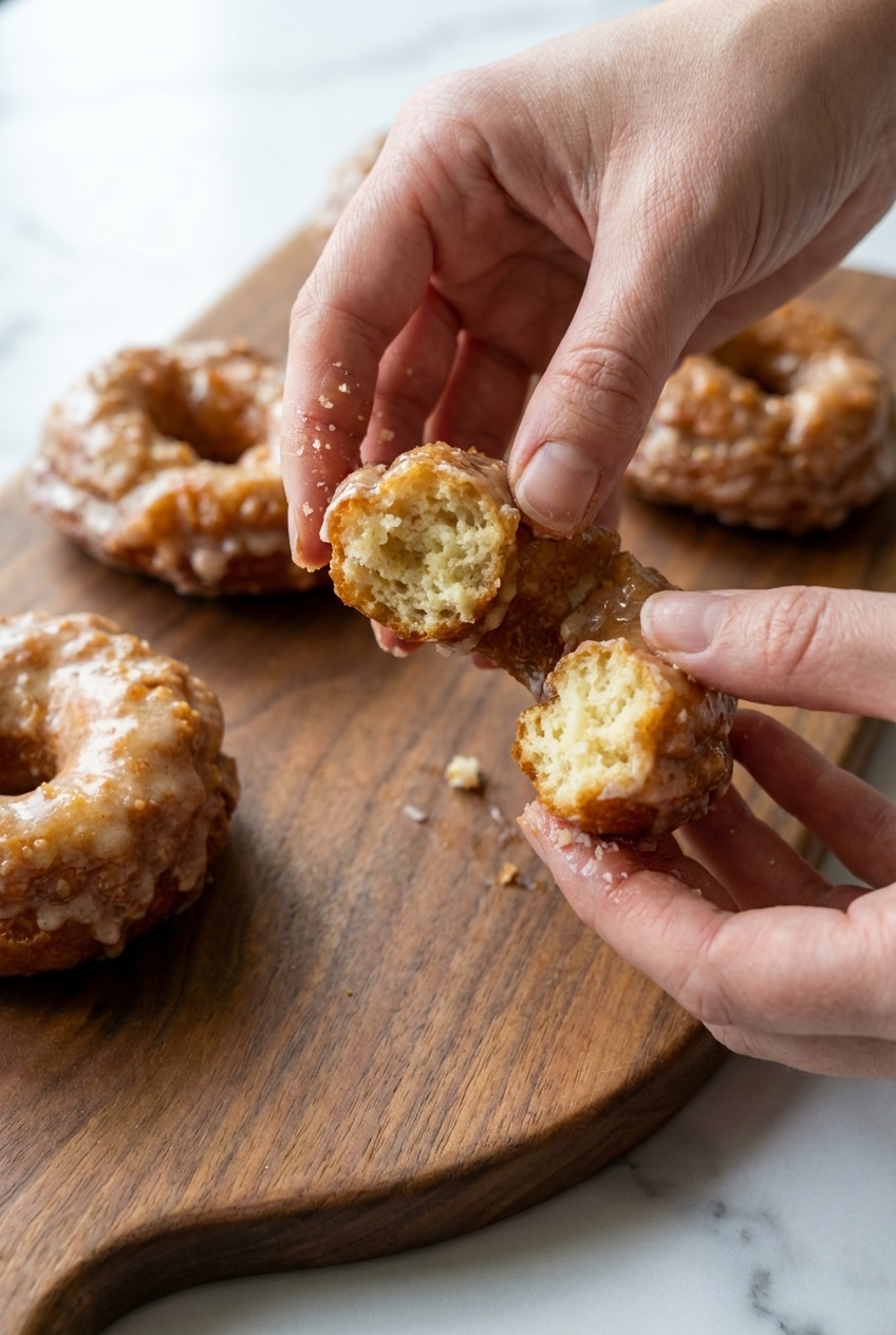 Close-up of a fried old fashioned sour cream donut highlighting the signature craggy, cracked surface and soft crumb.