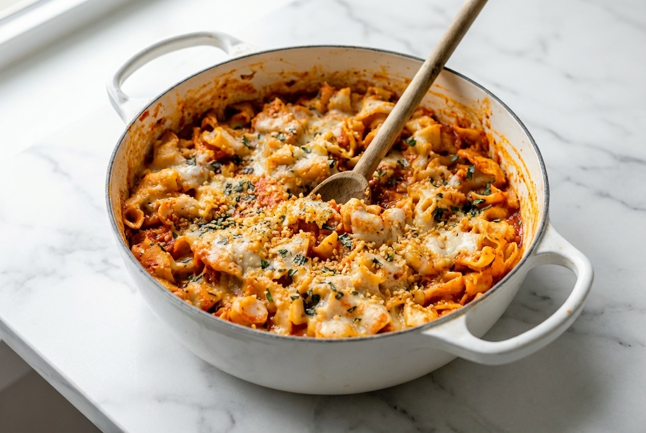 One pot chicken parmesan pasta topped with a crispy toasted panko finish in a Dutch oven.