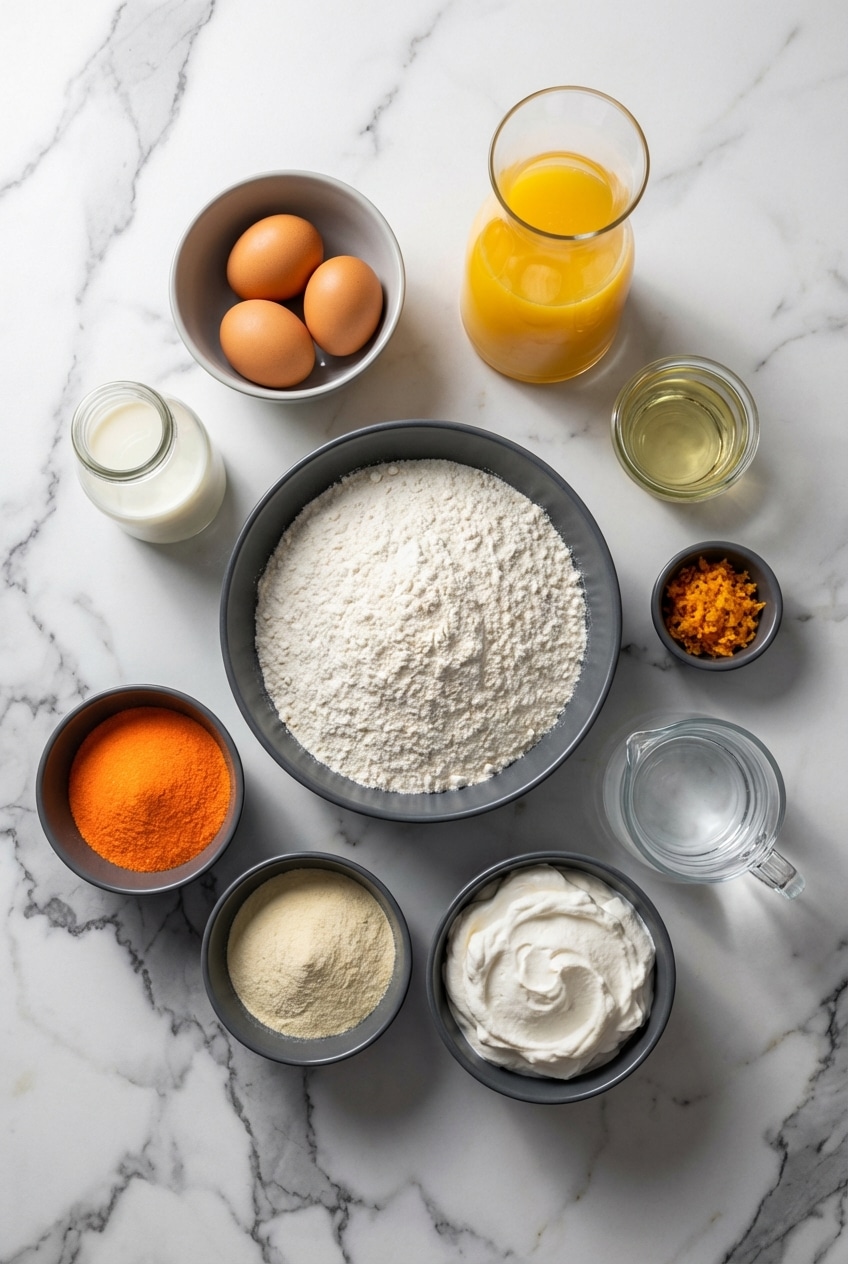 Overhead view of orange creamsicle cake ingredients like orange gelatin, vanilla pudding, and mandarin oranges.
