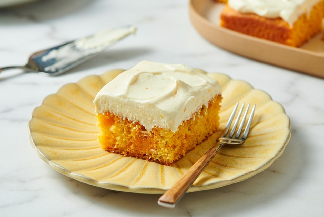 Orange creamsicle cake slice with orange blossom cream cheese whipped topping and fresh zest.