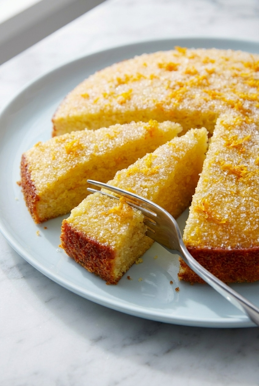 Close-up view of the moist crumb inside an orange olive oil cake slice showing the tender, dense texture.