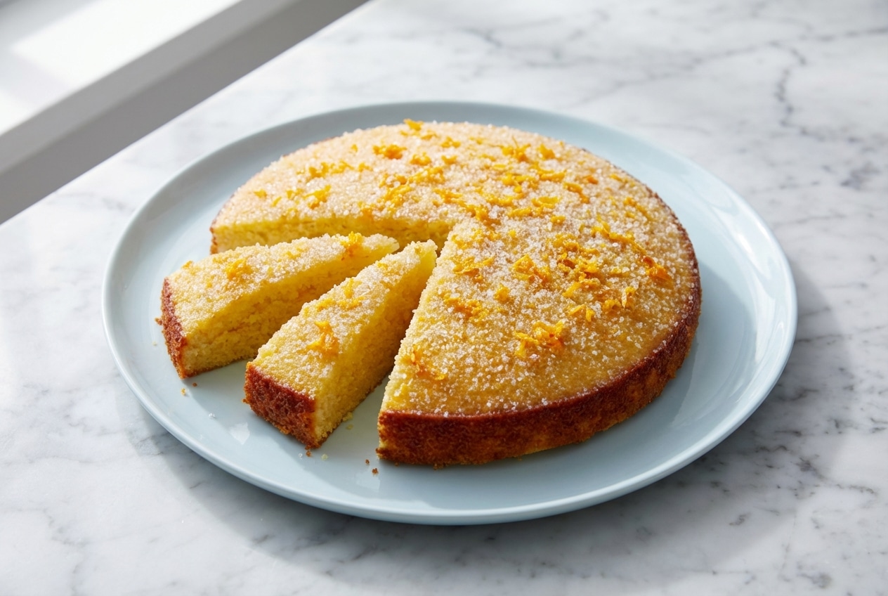 Golden orange olive oil cake on a ceramic plate, highlighting the rich color achieved by the sugar-zest massage technique.