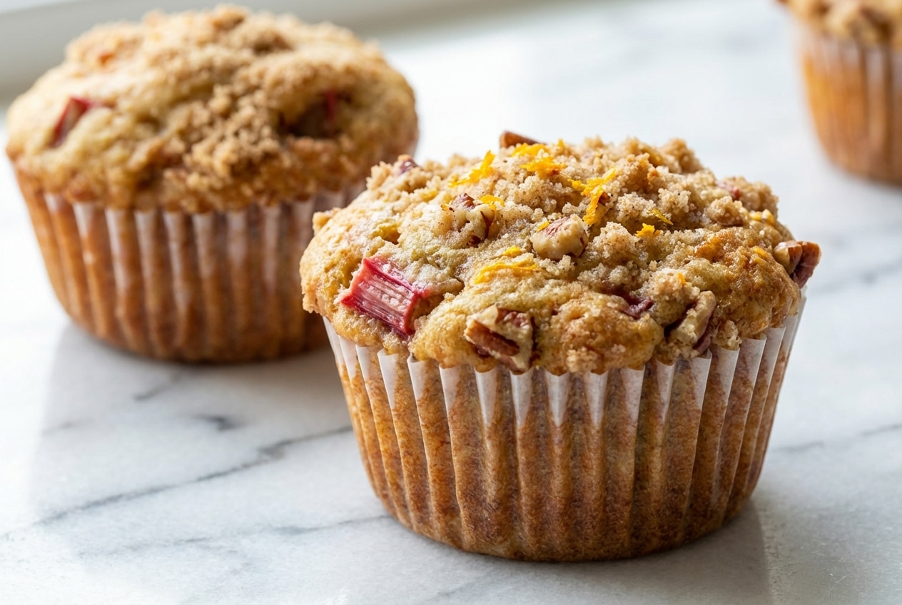 Golden rhubarb muffins topped with orange-scented streusel and toasted pecans in paper liners.