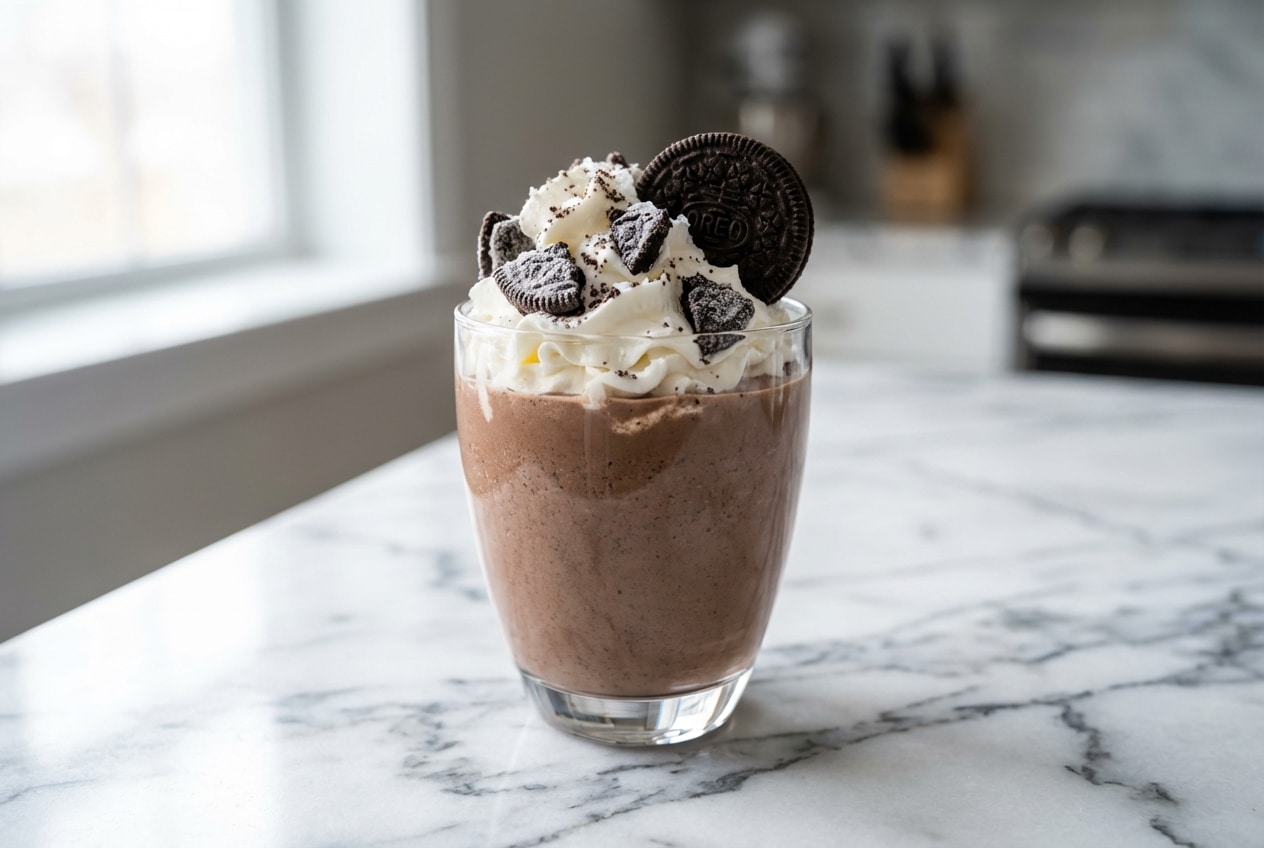 Thick oreo milkshake with whipped cream, featuring a rich texture from the frozen cookie and salt method.