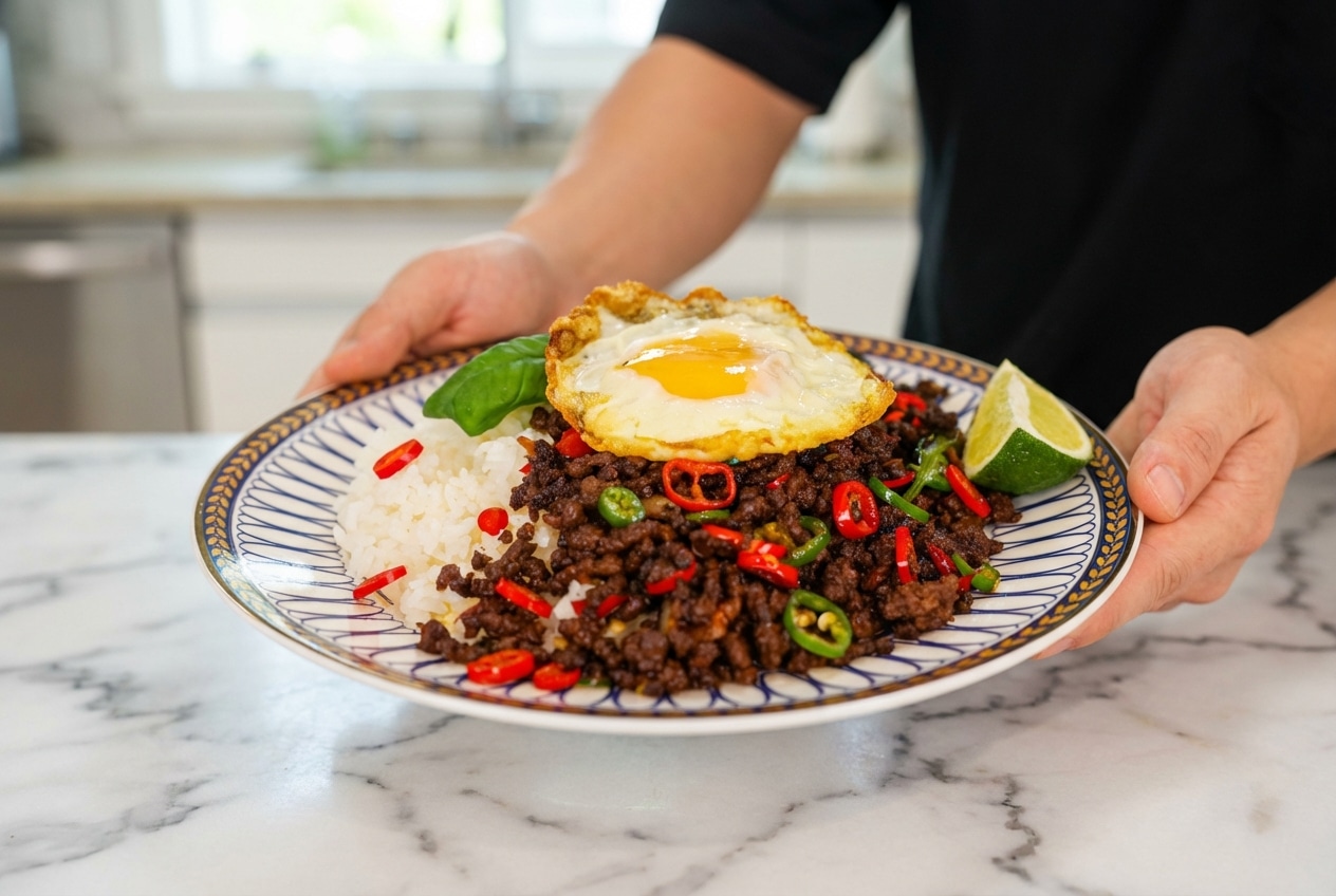 Pad kra pao recipe showing ground meat coated in an emulsified broth glaze, topped with a crispy rendered fat egg fry.