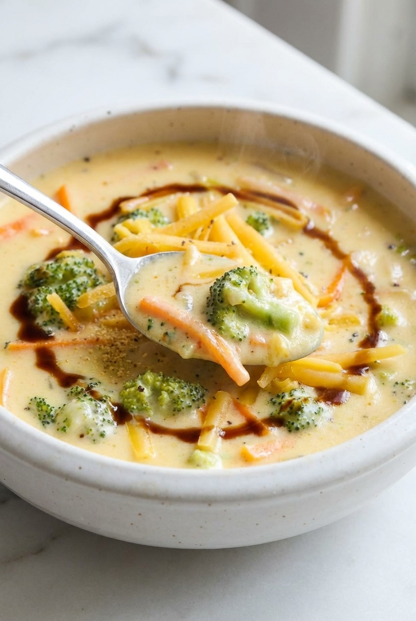 Macro view of panera broccoli and cheese soup showing a silky emulsification and vibrant broccoli pieces.