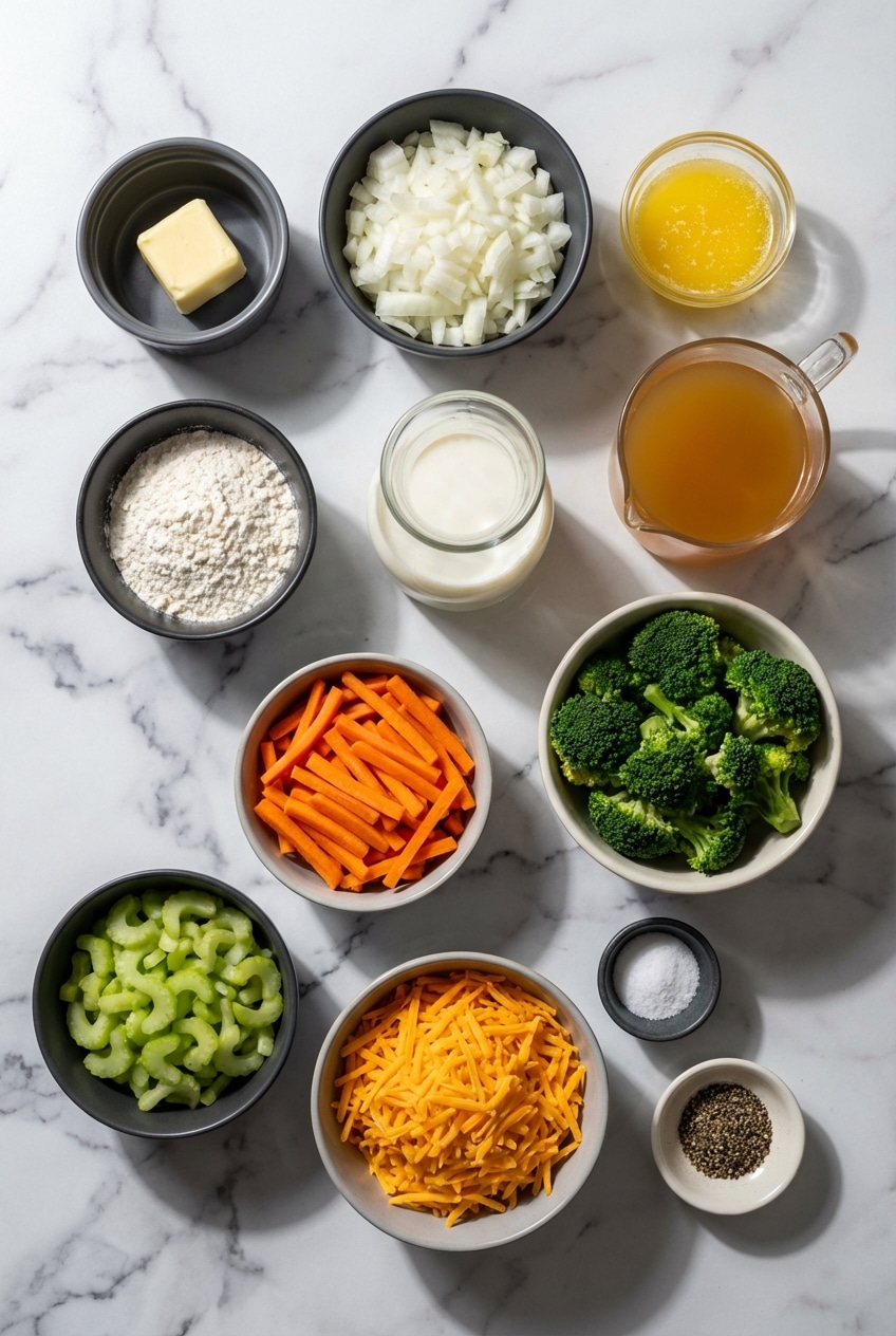 Fresh broccoli florets, sharp cheddar, matchstick carrots, and chicken stock for panera broccoli and cheese soup.