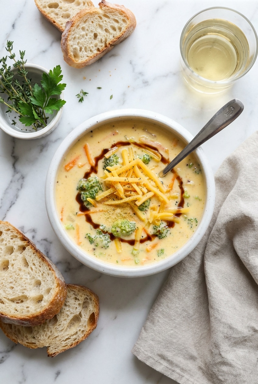 A sourdough bread bowl filled with panera broccoli and cheese soup on a cozy dinner table.