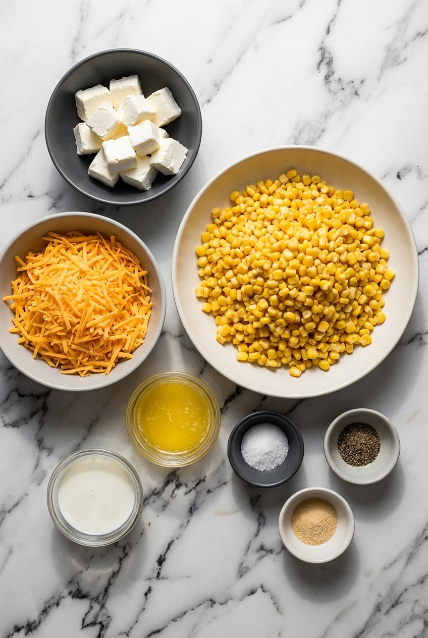 Ingredients for slow cooker cheddar corn laid out, including frozen corn, sharp cheddar cheese, cream cheese, butter, and heavy cream.