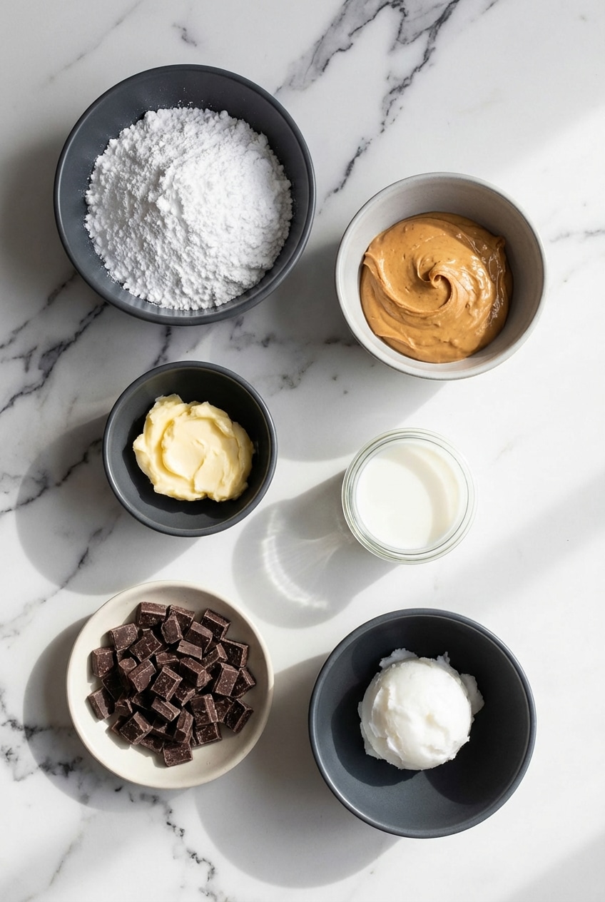 Ingredients for malted peanut butter eggs laid out, including creamy peanut butter, confectioners' sugar, and chocolate chips.