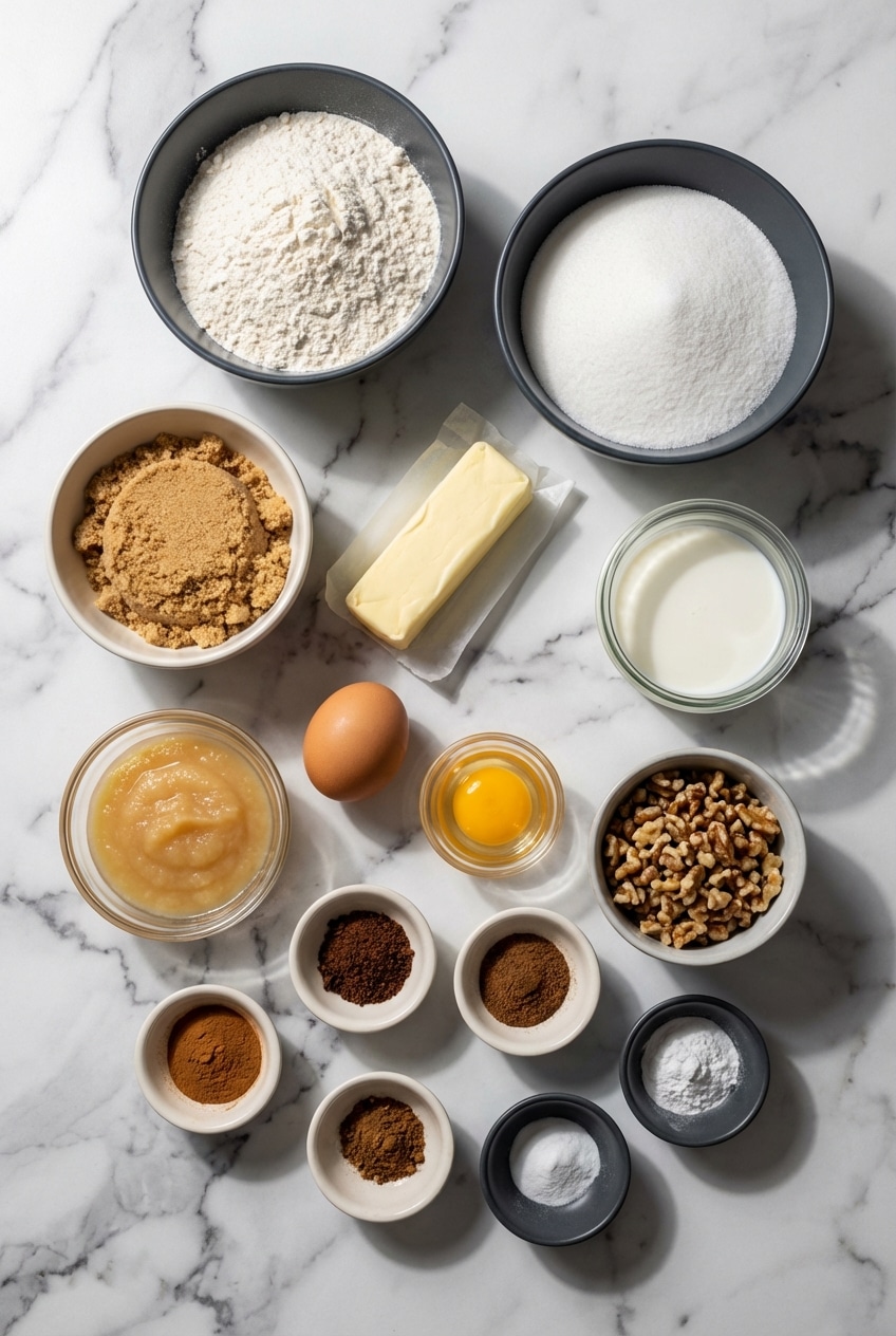 Ingredients for amish applesauce cake laid out, including applesauce, brown sugar, walnuts, flour, and warm spices like cinnamon.