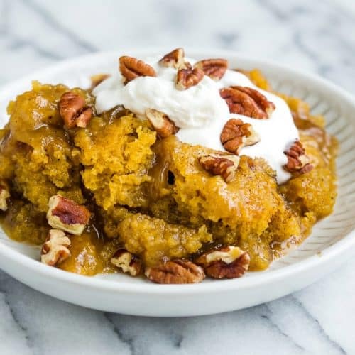 Golden pecan cobbler with a brown butter toasted pecan crust and bubbling caramel sauce.