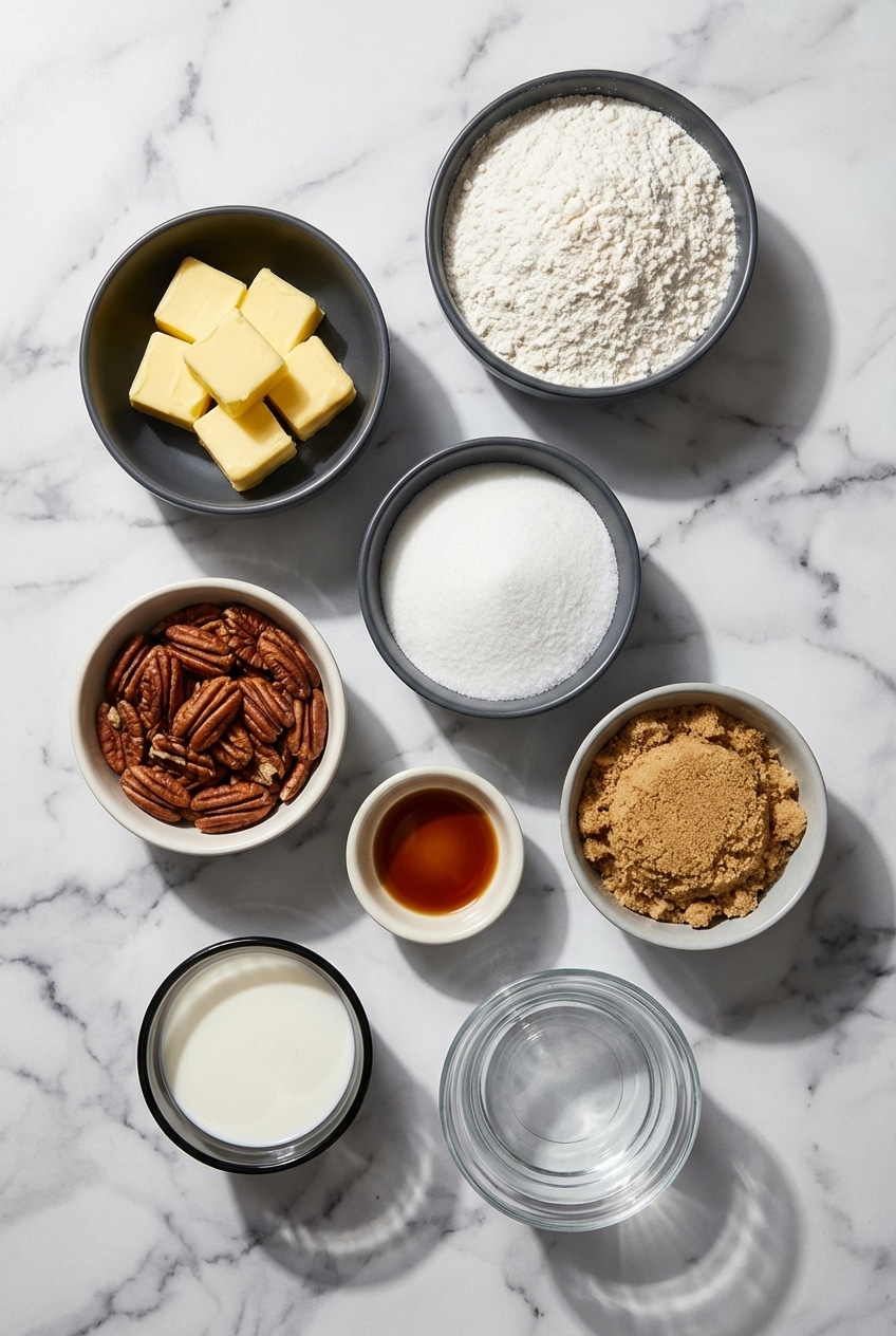 Overhead view of pecan cobbler ingredients including pecan halves, self-rising flour, and light brown sugar.