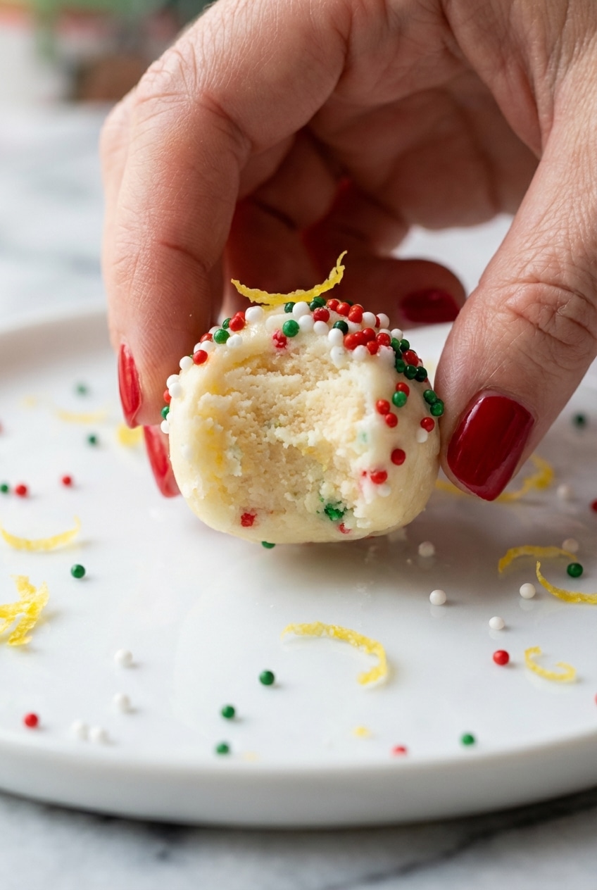 Close up of a sugar cookie truffle interior showing the moist texture achieved by balancing cream cheese and crumbs