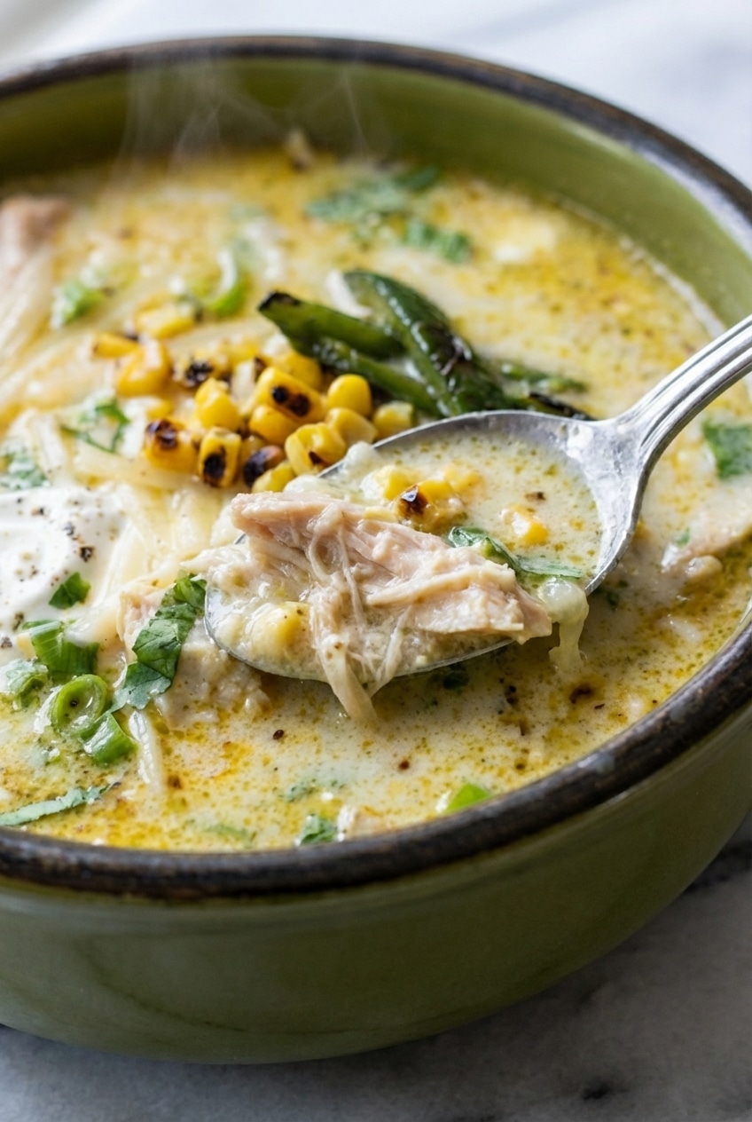 A steaming bowl of green chicken enchilada soup topped with melted Monterey Jack and fresh cilantro.