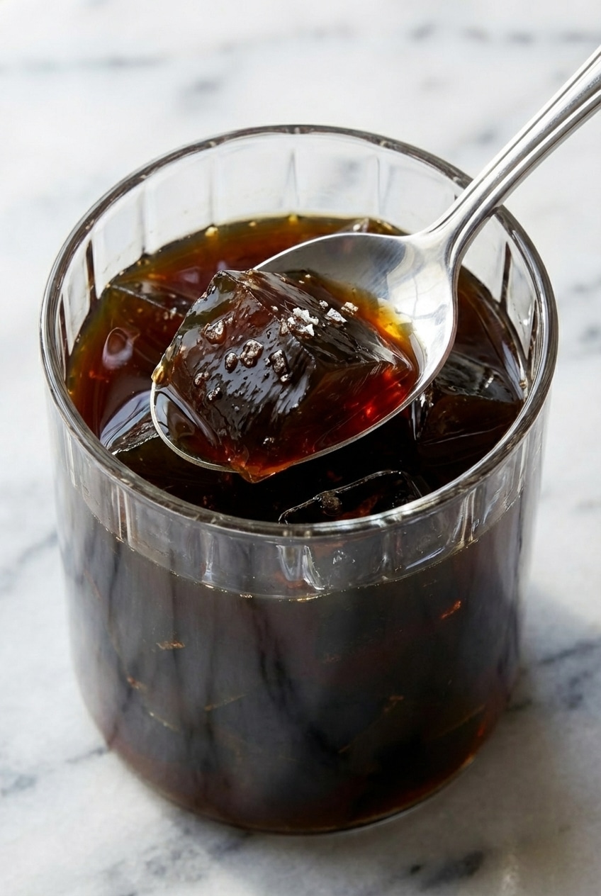 Close-up of firm, glossy cubes of coffee jelly highlighting the ideal texture for this coffee jelly drink recipe.
