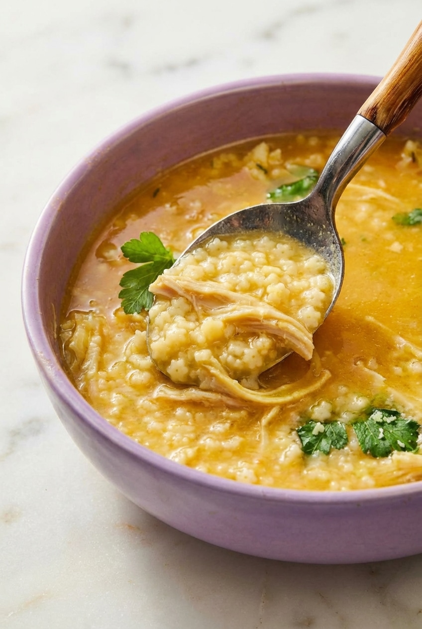 Vibrant Italian Penicillin Soup broth simmering in a pot with blended mirepoix vegetables.