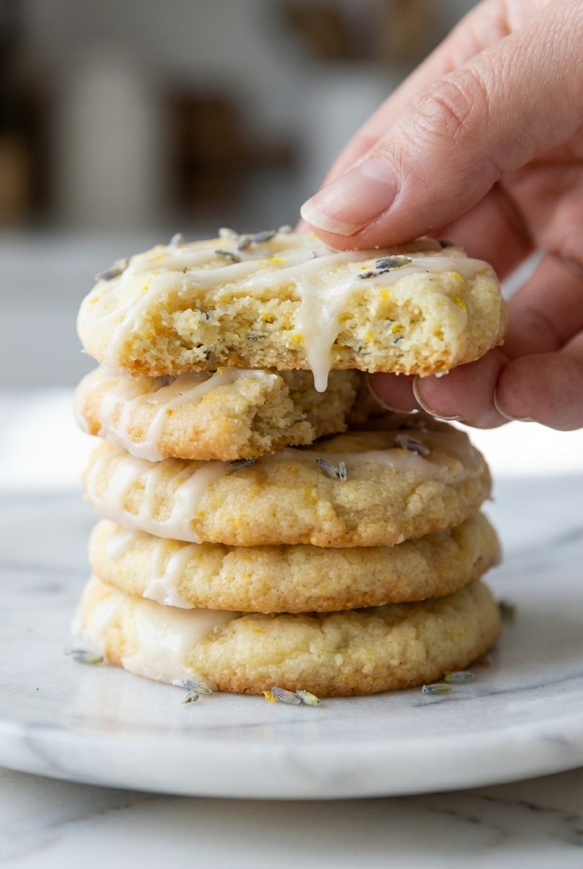 Stacked Lemon Lavender Cookies on a cooling rack showcasing delicate floral flecks.