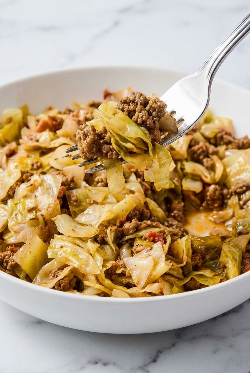 Close-up of ground beef and cabbage showing the Maillard reaction and golden caramelized edges in a Dutch oven.