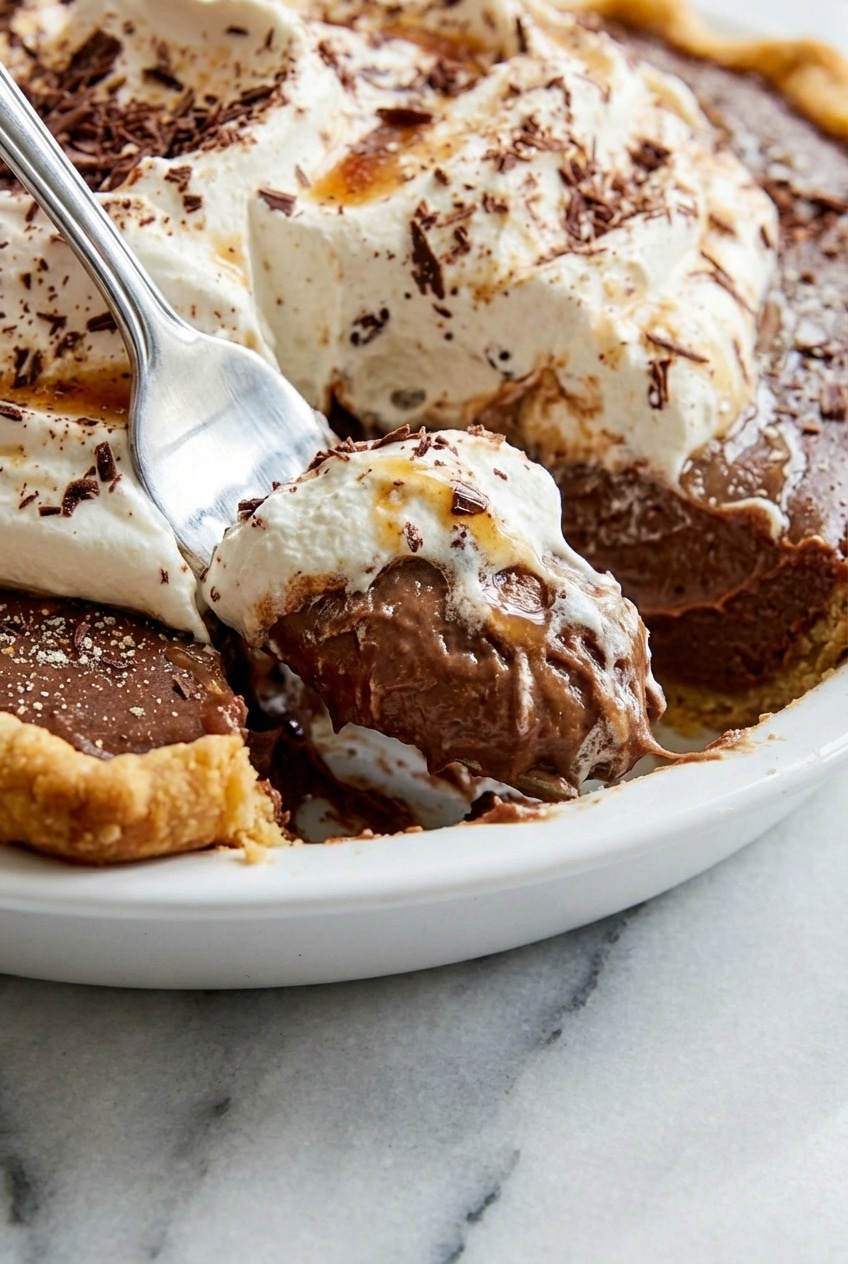 A finished chocolate cream pie topped with whipped topping and cocoa powder, ready for slicing.
