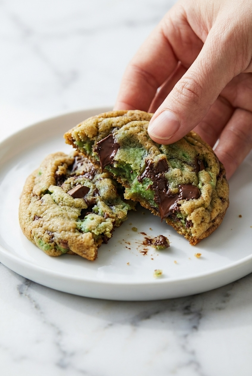Mint chocolate chip cookies freshly baked on parchment paper, highlighting the rich dark chocolate integration.