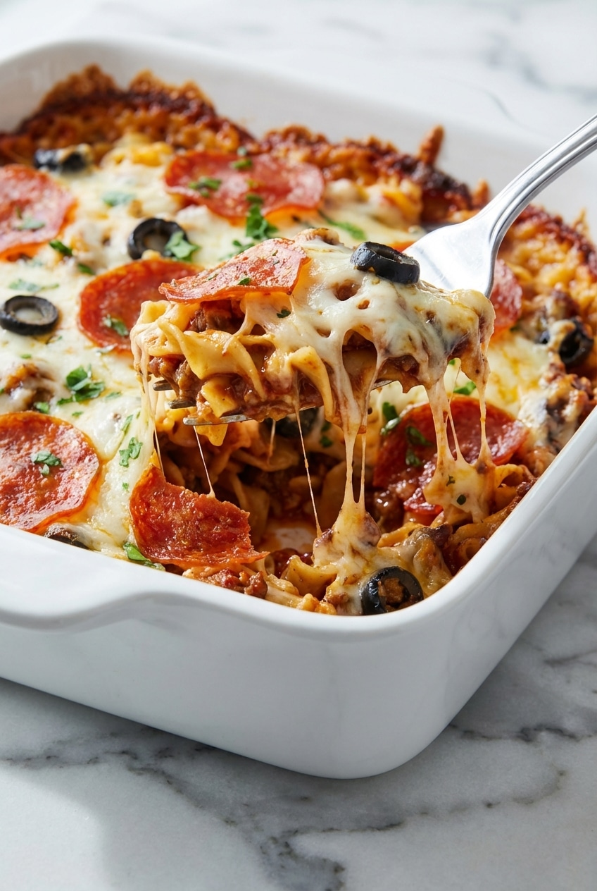 A close-up of a pizza casserole in a ceramic casserole dish showing the bubbly cheese and savory toppings.