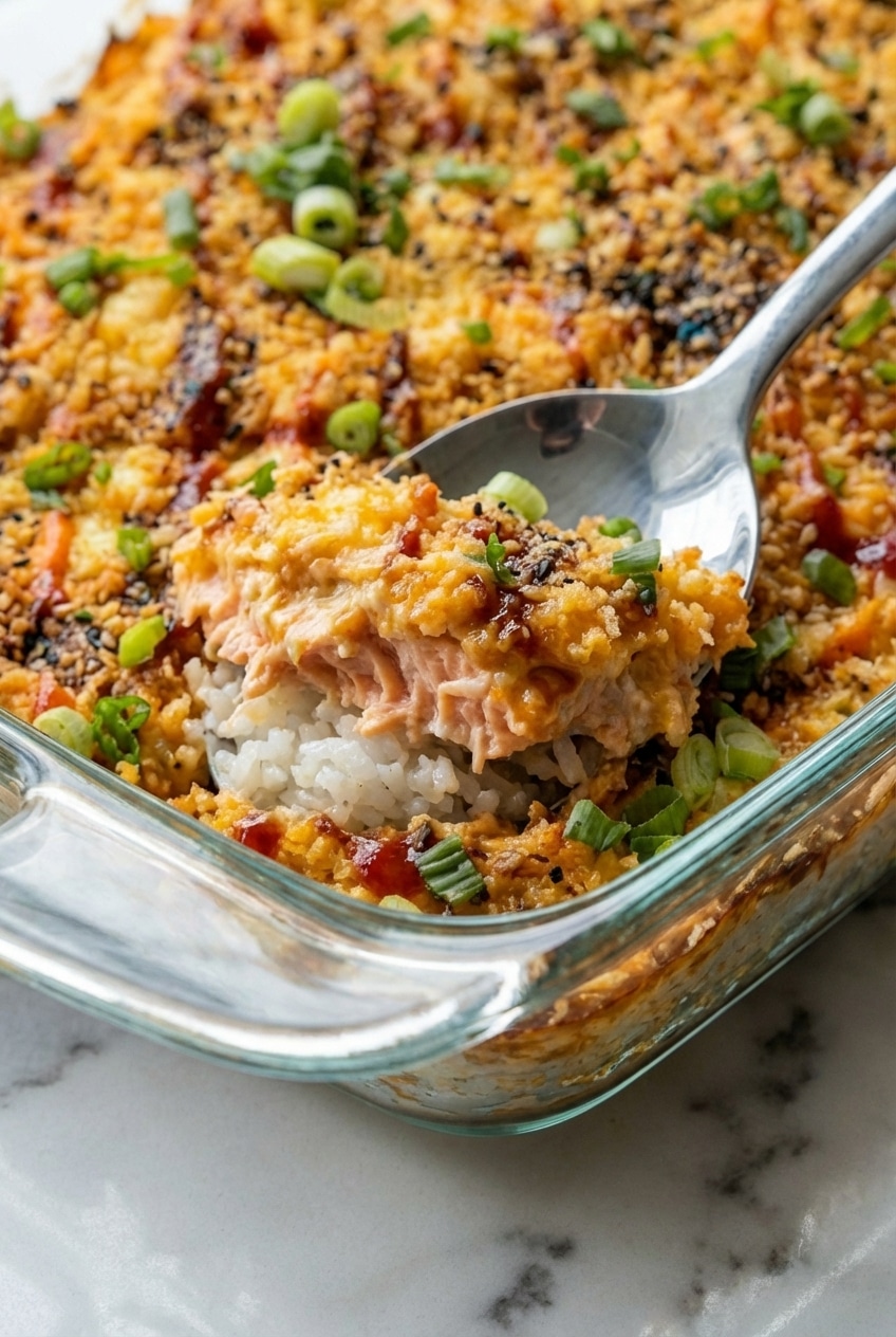 Scooping a warm portion of Spicy Salmon Sushi Bake onto roasted seaweed, highlighting the golden crunchy panko layer.