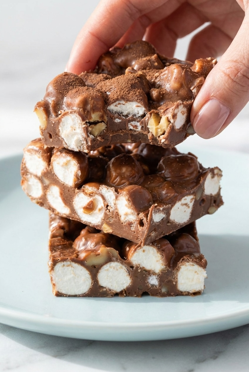 Close-up of the thick, glossy texture of rocky road fudge being spread into a pan.