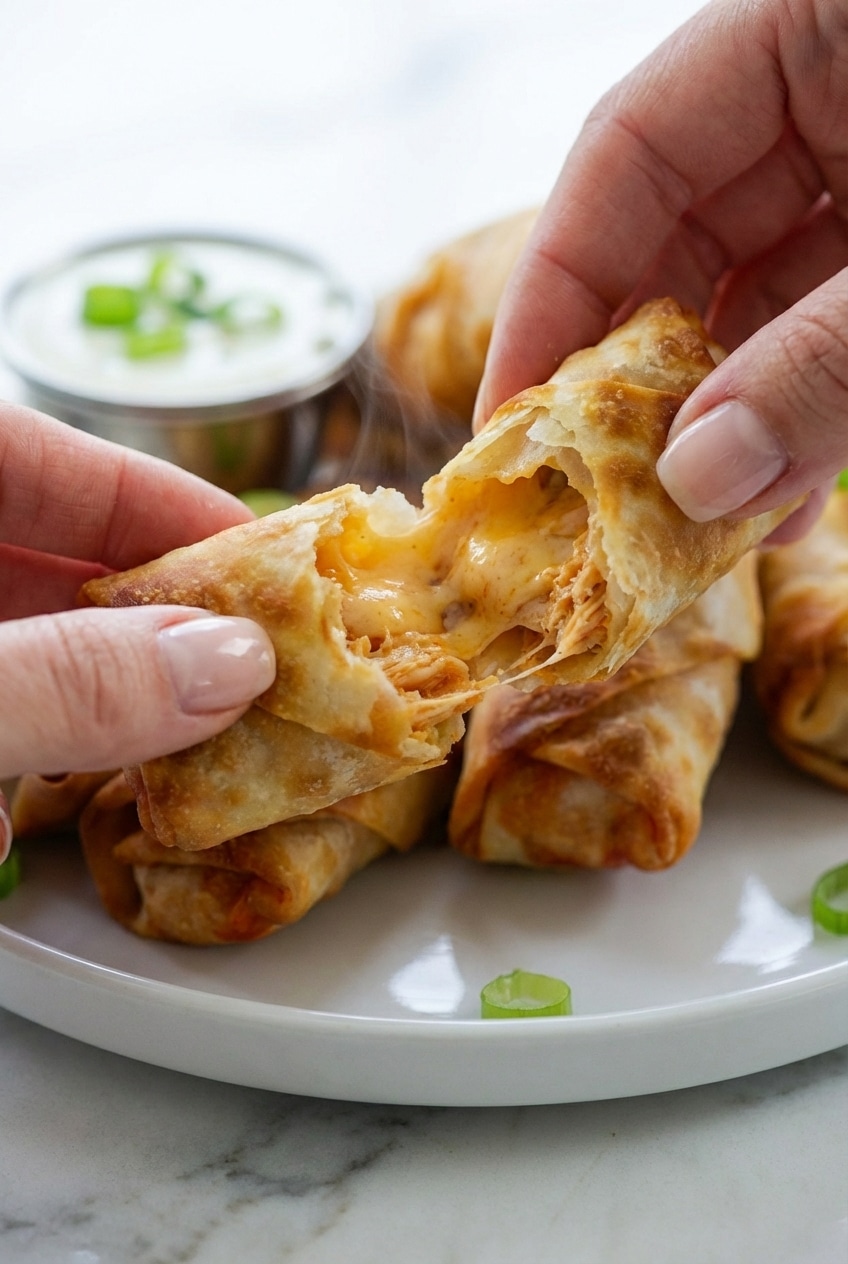 Close up of the perfectly sealed wrapper and creamy filling of air fryer buffalo chicken egg rolls.