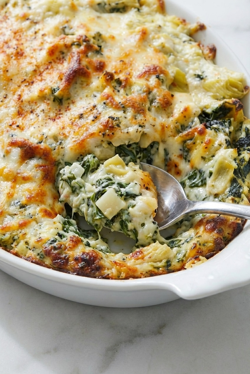 Close-up of a spoon lifting creamy spinach artichoke dip to show the melted mozzarella cheese pull and texture.