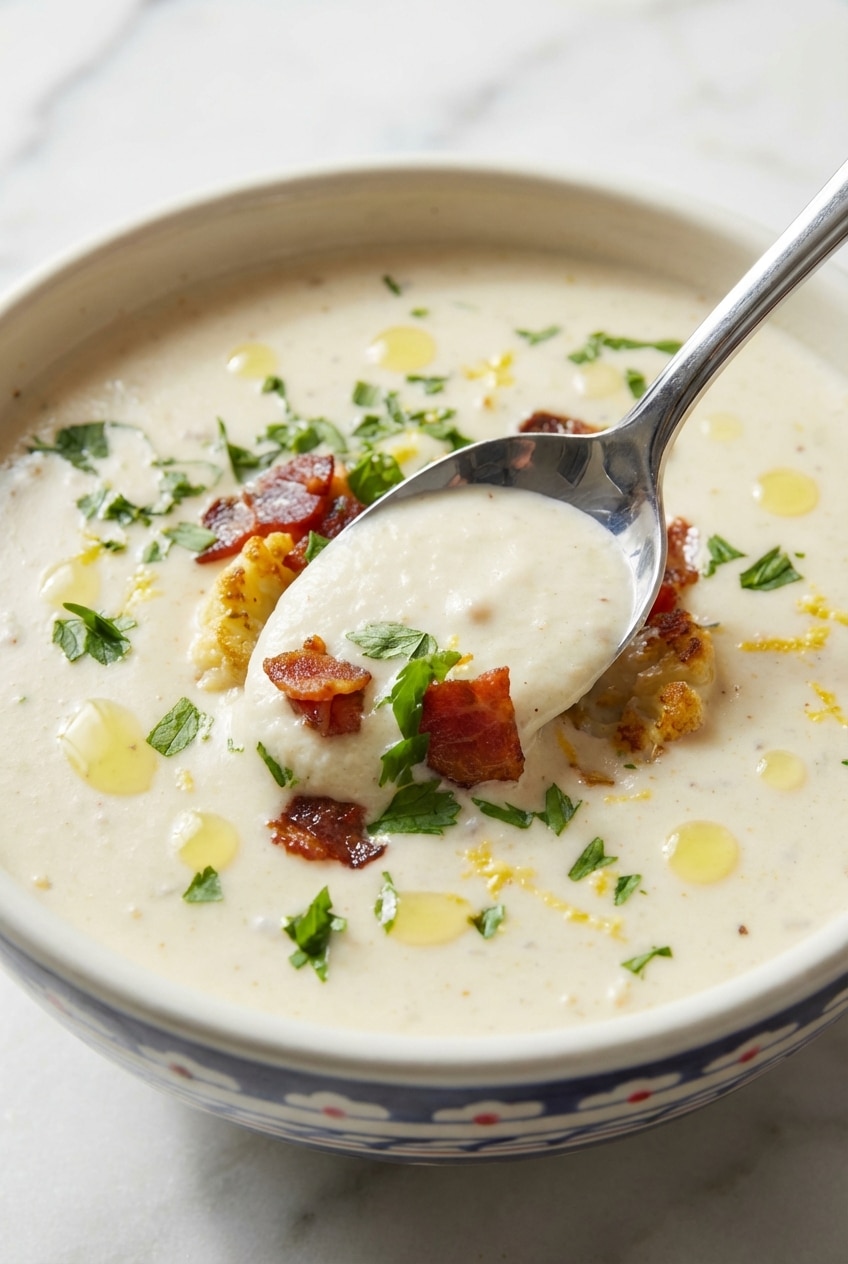 An immersion blender creating a smooth emulsification for the roasted cauliflower soup in a large pot.
