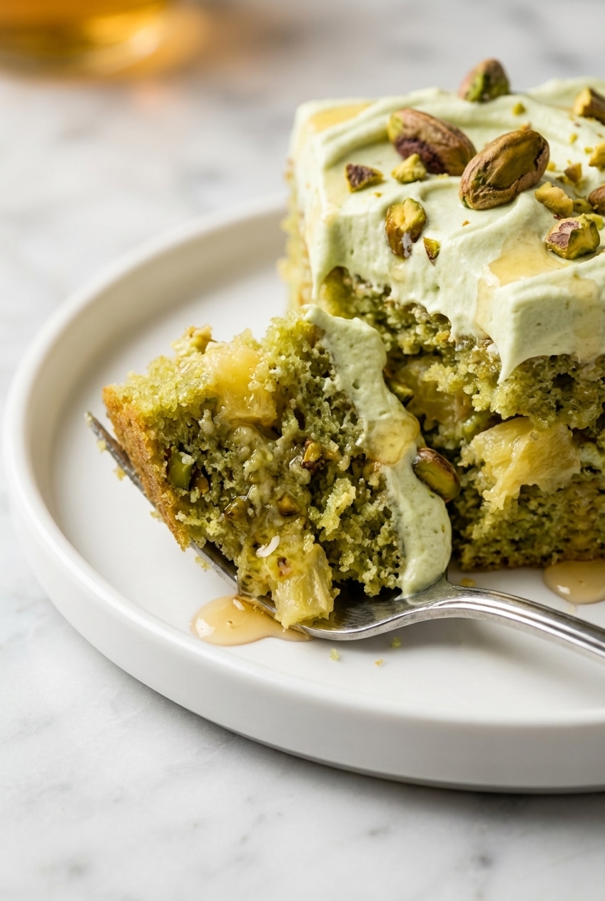 A close-up of the fluffy texture and moist crumb of a slice of Pistachio Pineapple Paradise Cake.