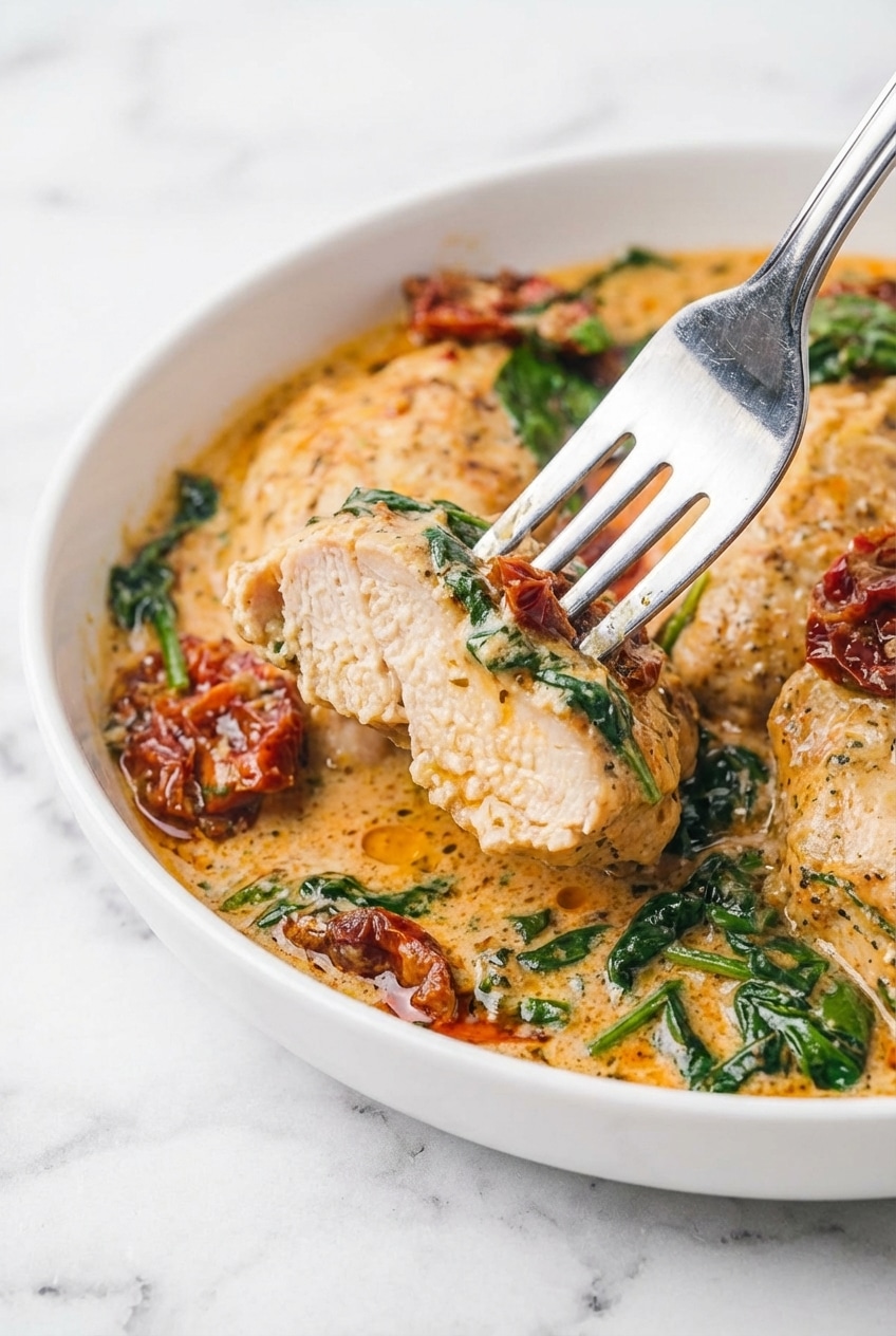 Stirring parmesan cheese and heavy cream into the crockpot tuscan chicken recipe for a velvety, rich texture.