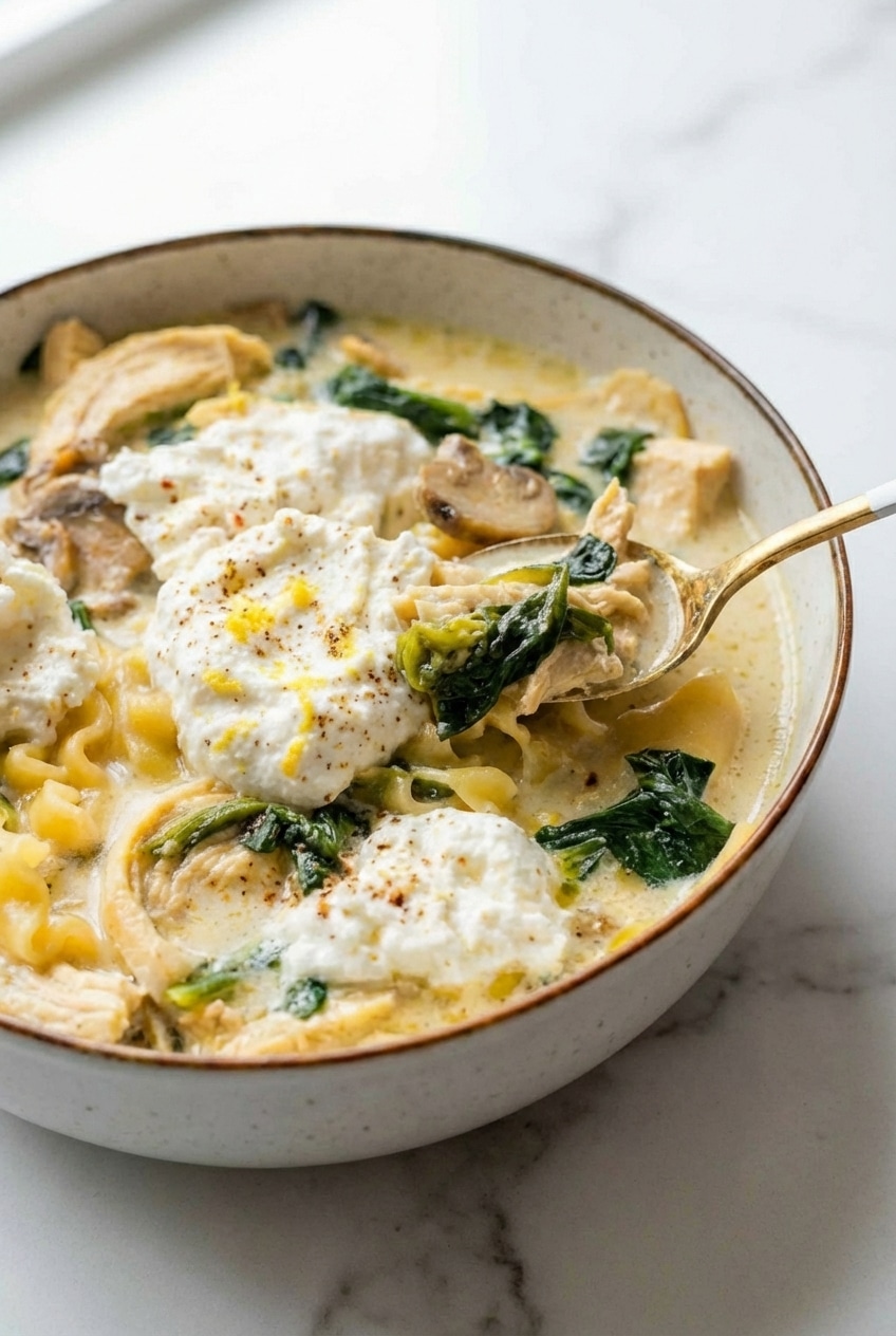 A close-up of al dente Mafaldine noodles in a thick, velvety white lasagna soup base.