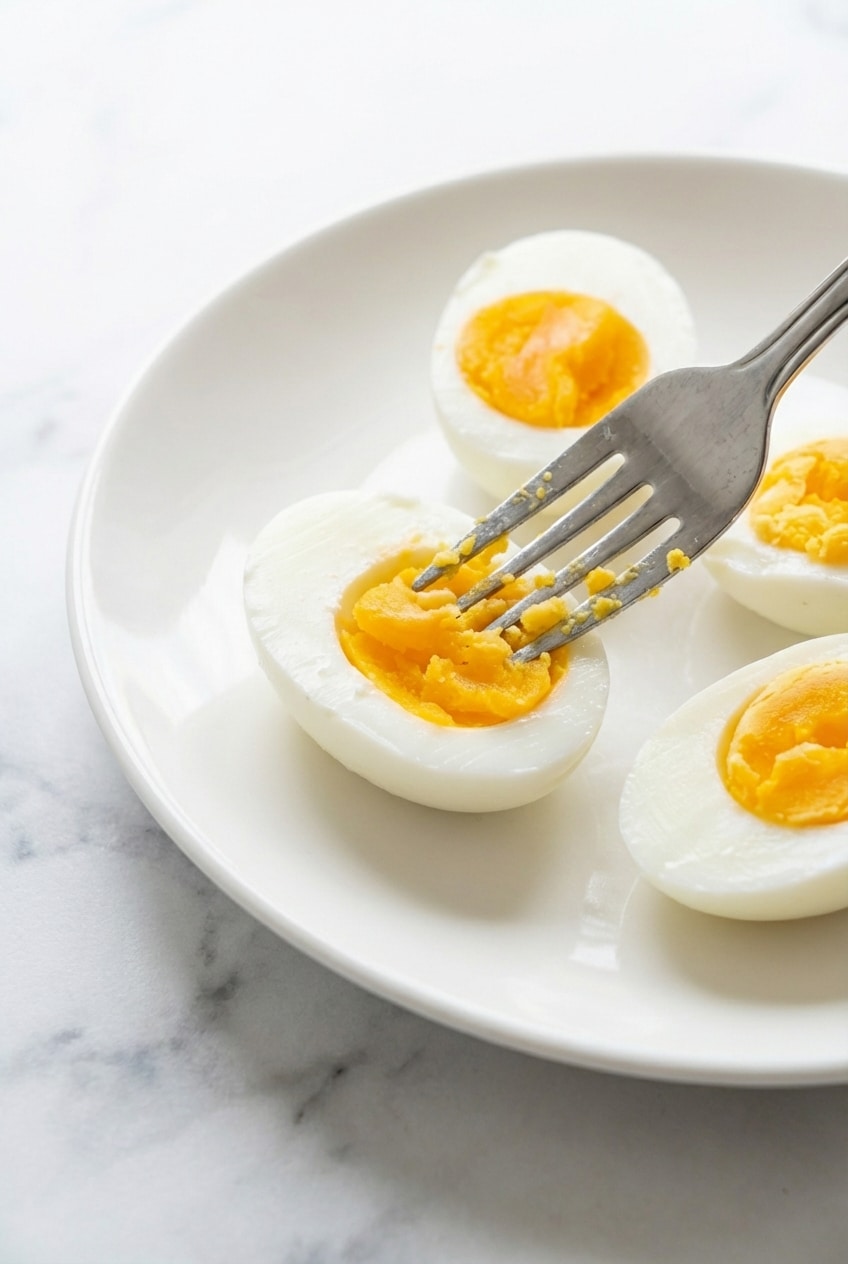 Sliced instant pot hard boiled eggs showing creamy yellow centers on a clean white plate.