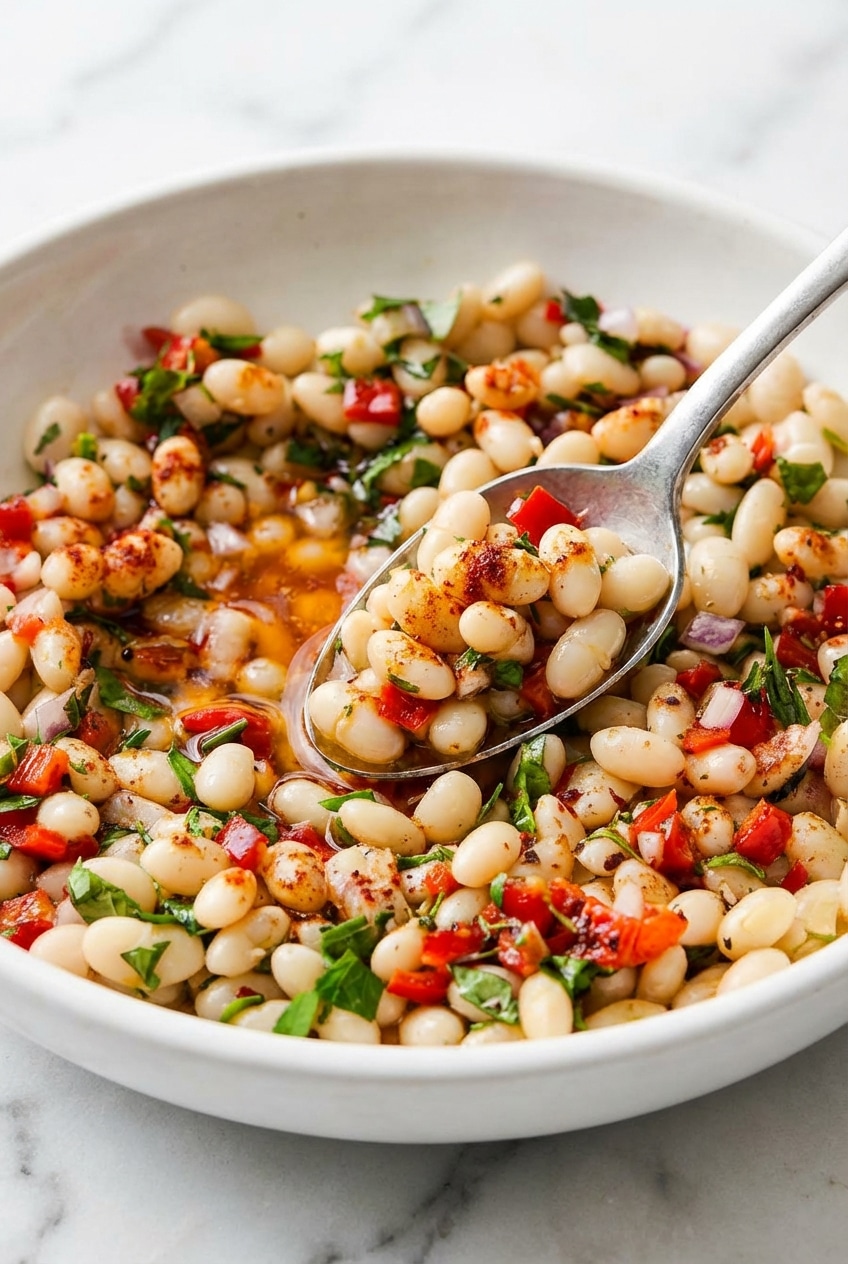 Marinated white beans soaking in a savory oil blend with aromatics for maximum flavor absorption.