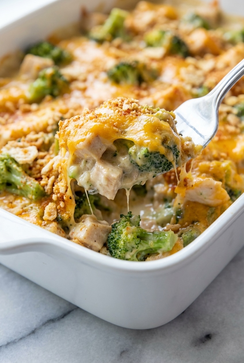 A serving of chicken divan recipe showing the contrast between the creamy sauce and the reddish-gold smoked paprika topping.