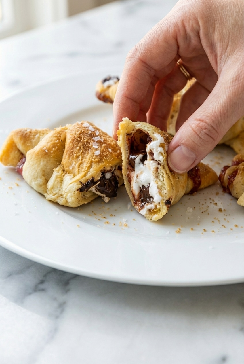 S’mores Crescent Rolls on a baking sheet lined with parchment paper, showcasing the perfect golden brown bake.