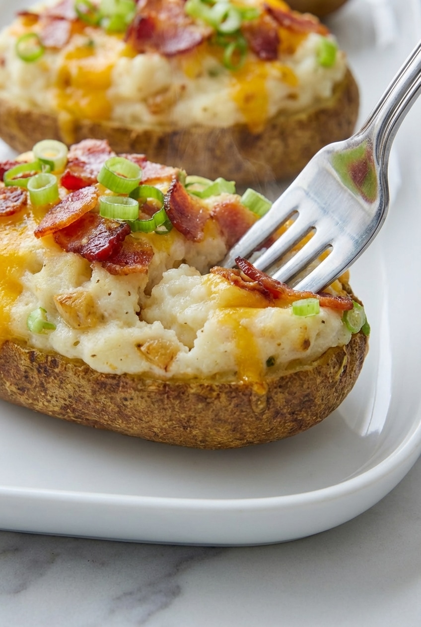 A baking sheet with twice baked potatoes showing the golden Maillard reaction on the edges.