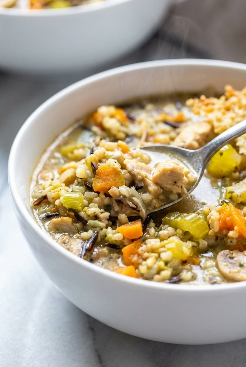 Close up of stirring chicken and wild rice soup in a Dutch oven to develop a rich, creamy roux.