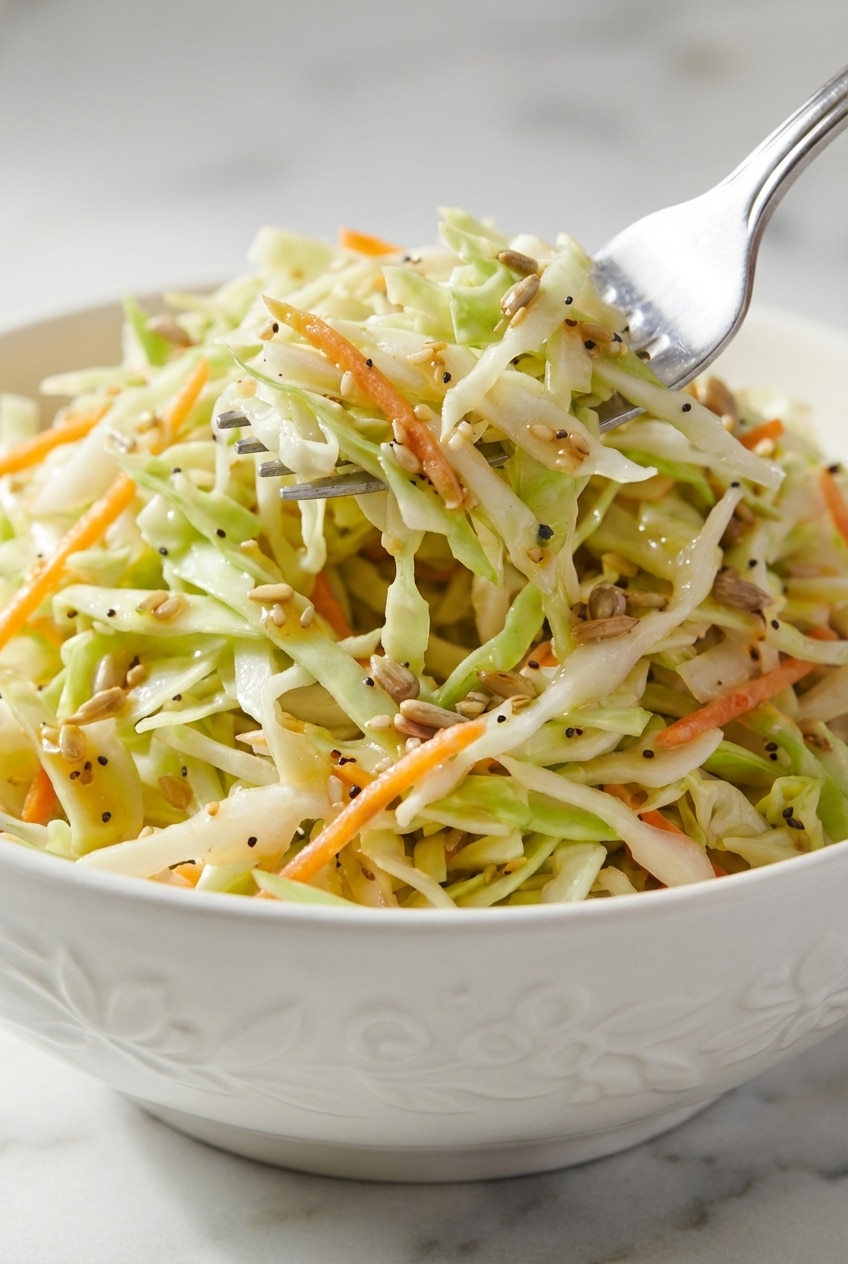 Close-up of a vinegar coleslaw recipe in a serving bowl showing the glossy emulsion and celery seeds.