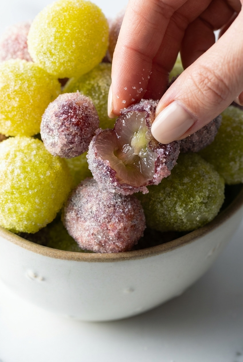 Close up view of candied grapes recipe showing the textured coating of flavored powder and citric acid adhering to the fruit.