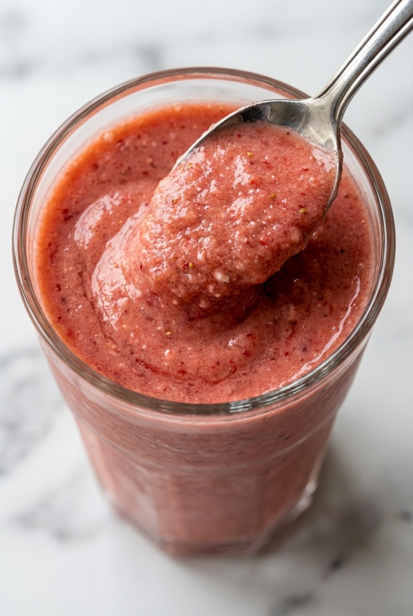 Close-up of a thick, velvety cottage cheese smoothie showing its smooth, probiotic-rich texture.