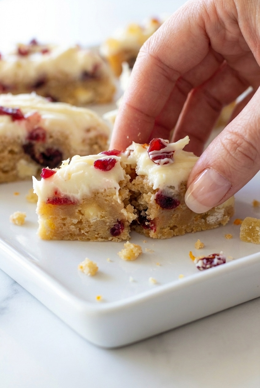 Close up of frosted cranberry bliss bars recipe showing dried cranberries and crystallized ginger sprinkled on top.