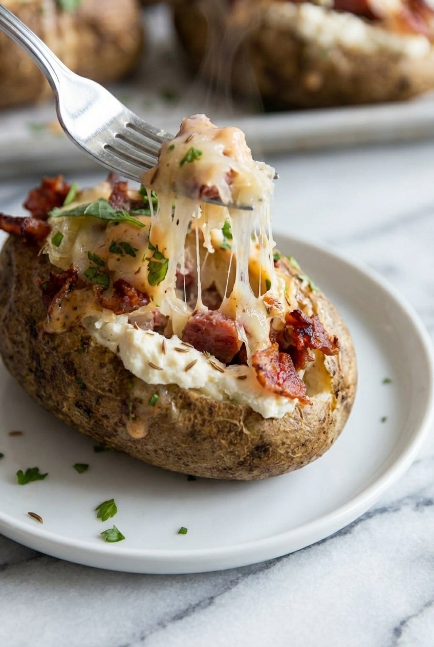 Fluffy interior of Reuben Stuffed Baked Potatoes highlighting the beautifully dry sauerkraut and melted cheese layers.