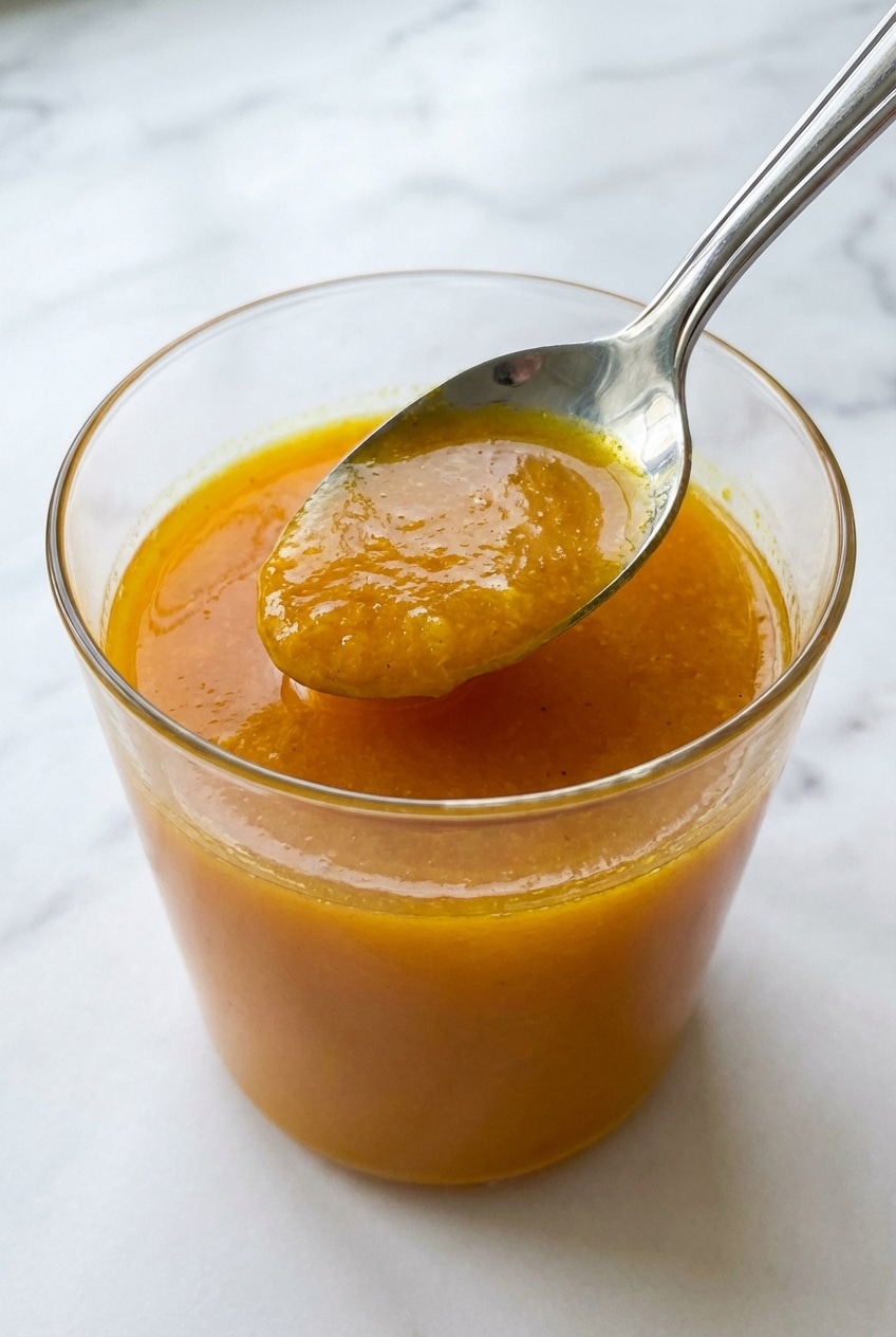A glass of chilled jamu juice recipe garnished with a lime wedge on a rustic wooden table.